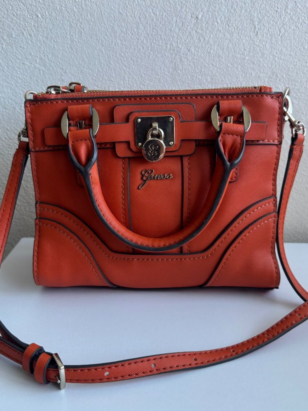 NWT Guess Greyson Mini Satchel Orange Crossbody Bag Gold Hardware Structured